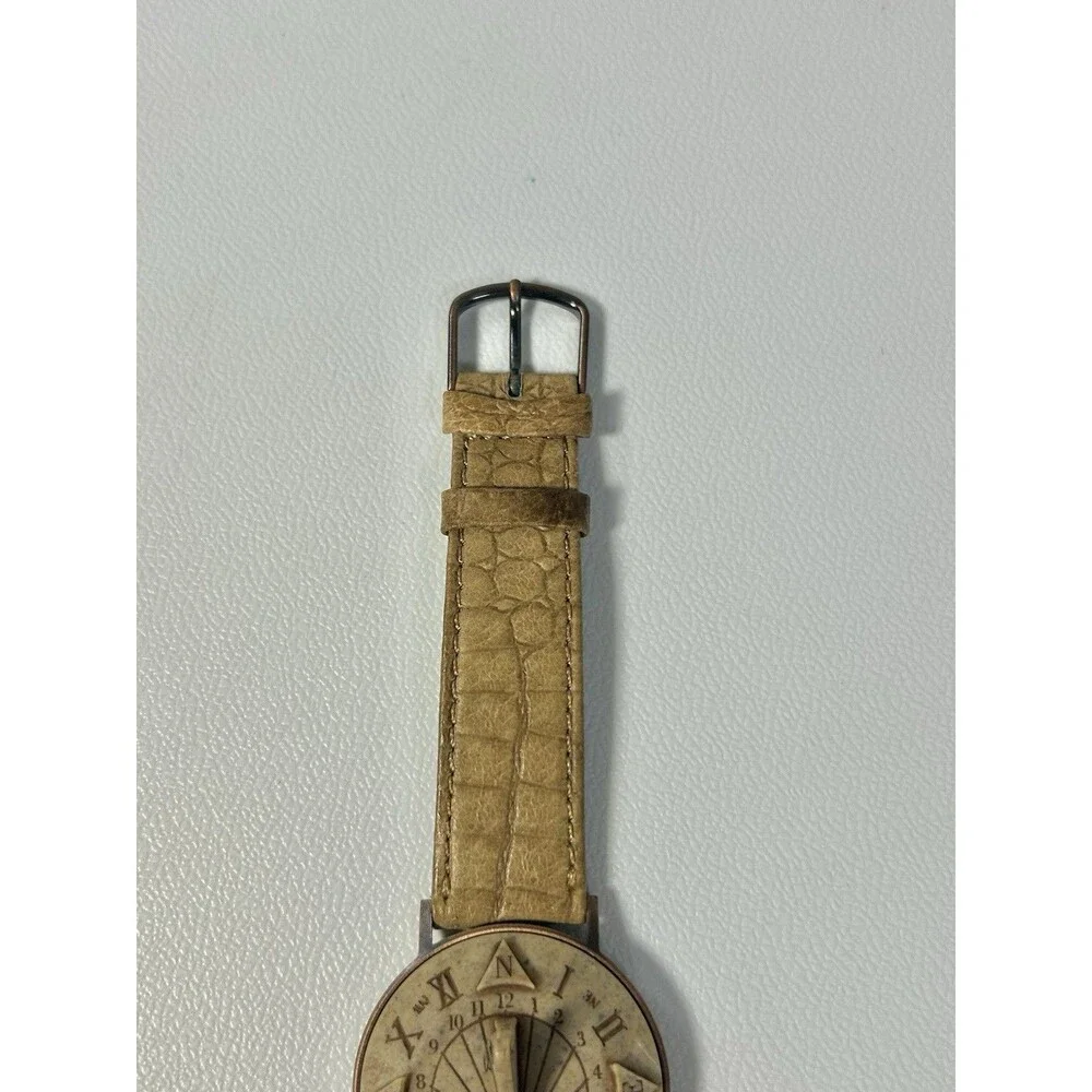 Vintage Sundial Fossil Brown Leather Analog Watch Novelty Wristwatch